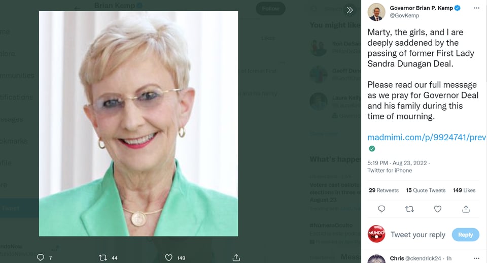 Sandra Deal dies: condolences sent to the family