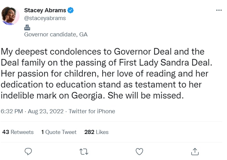 Sandra Deal dies: "she will be missed"