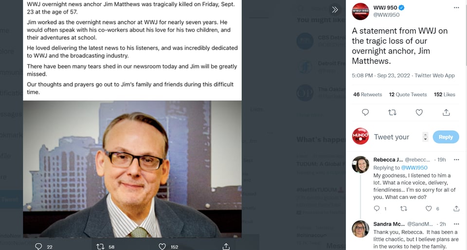 Broadcaster Jim Matthews murdered: "Many tears have been shed"