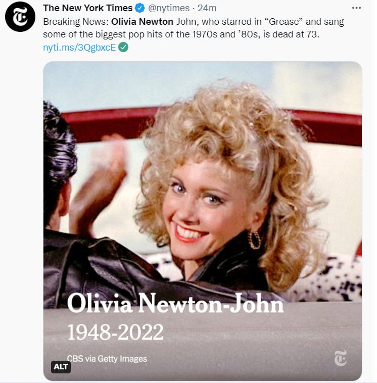 Muere Olivia Newton-John: La icónica Sandy fue despedida por su familia