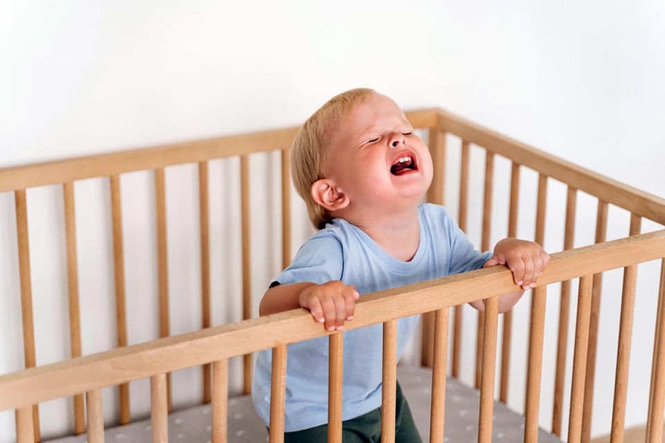 frustrado, bebé, niño, histérico, cuna, berrinche