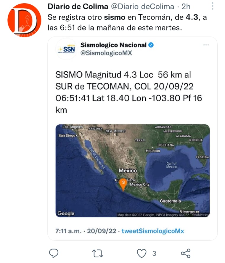 Reportan sismo en Colima