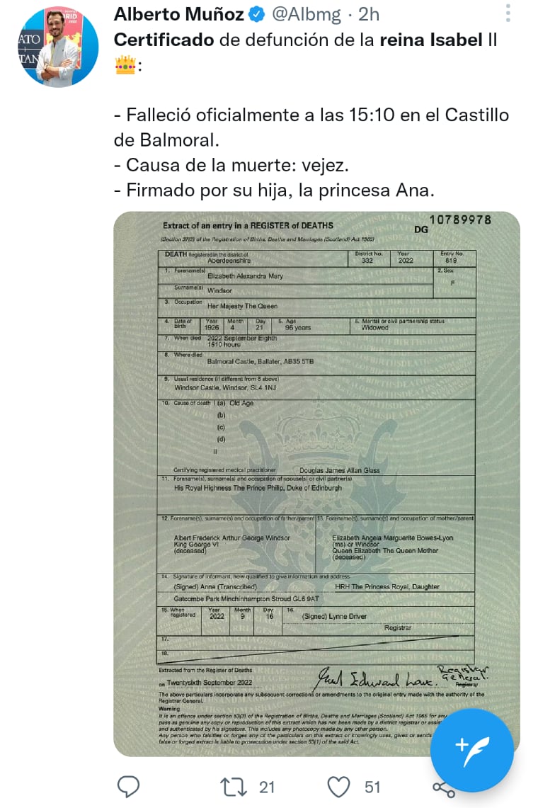 Certificado de defunción reina