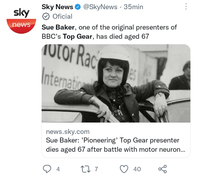 Muere exconductora Sue Baker