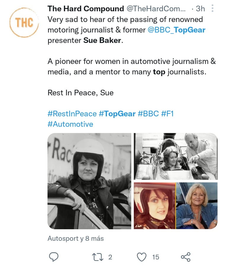 Muere exconductora Sue Baker
