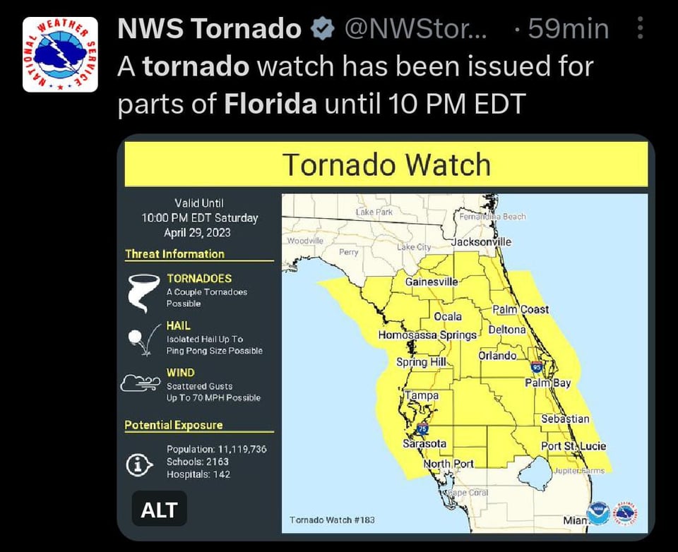 Emiten alerta de tornado en Florida para este sábado