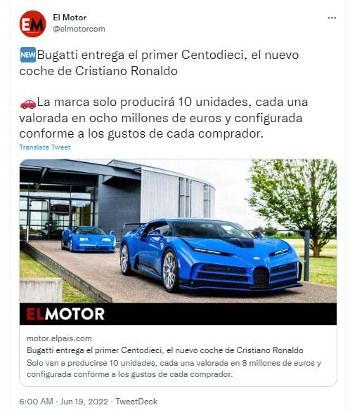 Cristiano adquirió un exclusivo Bugatti Centodieci