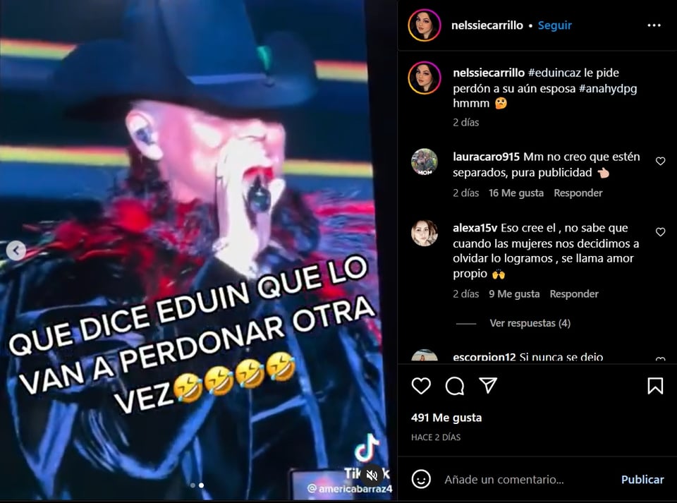 Eduin Caz le suplica a su exesposa en concierto
