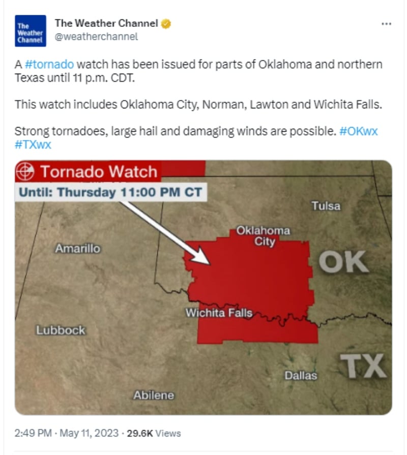 Lanzan alerta de tornado en Oklahoma