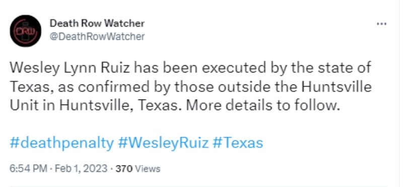 Wesley Ruiz receives the lethal injection