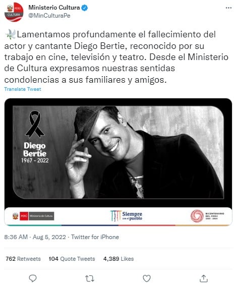 El Ministerio de Cultura de Perú lamentó la muerte del galán de novelas