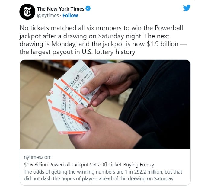 Premio mayor de Powerball alcanza cifra RÉCORD de $ 1,900 millones