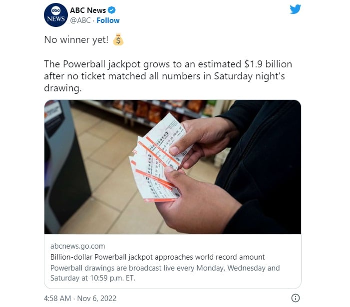 Premio mayor de Powerball alcanza cifra RÉCORD de $ 1,900 millones