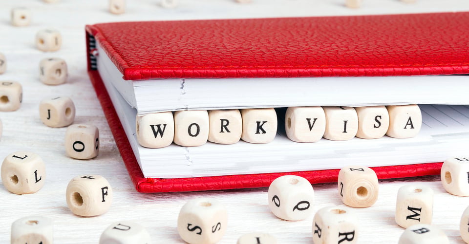 Agenda con dados que forman visa de trabajo con letras