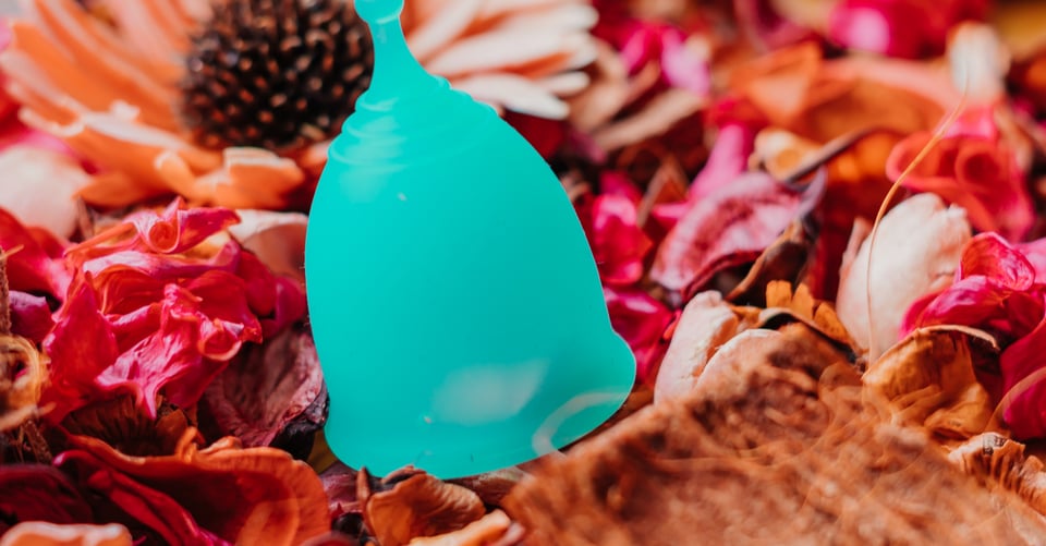 Copa menstrual con flores junto con hojas